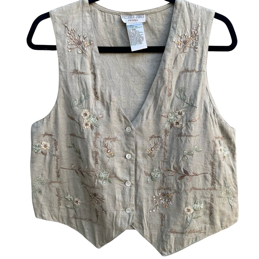 Victoria Jones Cottagecore Boho Shabby Chic Embroidered Floral Script Vest Tan M